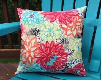 Outdoor/Indoor Decorative Multi Color Flower Pillow Cover. Bright Colors in Red, Yellow, Orange, Green and Blue.  Indoor/Outdoor