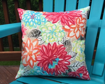 Outdoor/Indoor Decorative Multi Color Flower Pillow Cover. Bright Colors in Red, Yellow, Orange, Green and Blue.  Indoor/Outdoor