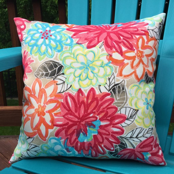 Outdoor/Indoor Decorative Multi Color Flower Pillow Cover. Bright Colors in Red, Yellow, Orange, Green and Blue.  Indoor/Outdoor