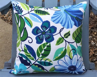 Outdoor/Indoor Decorative Flower Pillow Cover. Bright Colors in White, Blues & Greens.  Designer Pillow. Solarium Outdoor Fabric.