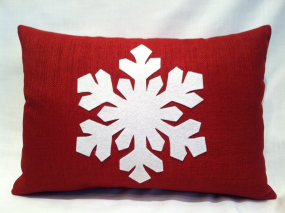 Red Snowflake Pillow Cover. Hand Cut w/ Square Edges on White Glitter Felt Snowflake. Upholstery Fabric w/ Zipper. Holiday Pillow Cover