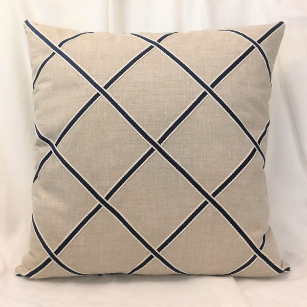 Textured Tan Decorative Pillow Cover with Ivory and Navy Blue trim sewn on for Diamond look. Linen/Cotton/Poly Pillow Cover.