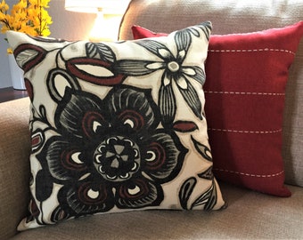 Contemporary Flower Decorative Pillow Cover.  Pillow Colors in Ivory, Black, Greys and Reds.  Robert Allen Fabric. Designer Pillow