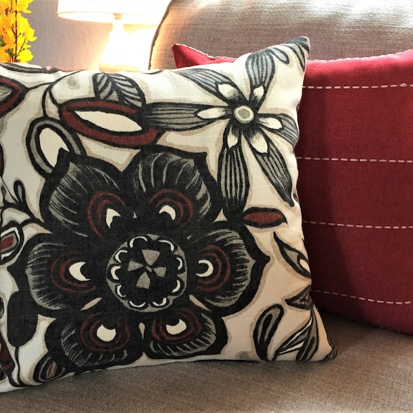 Contemporary Flower Decorative Pillow Cover.  Pillow Colors in Ivory, Black, Greys and Reds.  Robert Allen Fabric. Designer Pillow