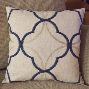 Embroidered Navy Blue & Tan Decorative Pillow Cover. Upholstery Fabric-Embroidery in Navy Blue/Golden Tan.