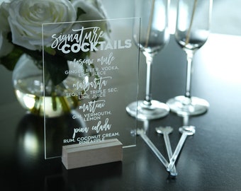 Custom Acrylic Drink Bar Menu, Choose Your Fonts - Signature cocktails, Wedding Menu, Acrylic wedding signs, Acrylic Table Signs