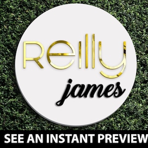 May include: A white circular sign with the text "relly james" in gold and black lettering against a green leafy background.