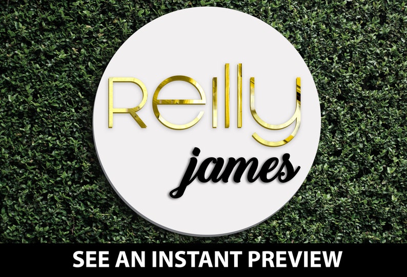 May include: A white circular sign with the text "relly james" in gold and black lettering against a green leafy background.