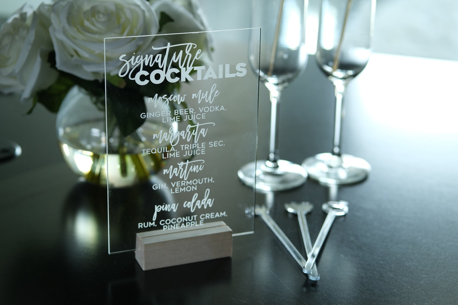 Custom Acrylic Drink Bar Menu, Choose Your Fonts - Signature cocktails, Wedding Menu, Acrylic wedding signs, Acrylic Table Signs