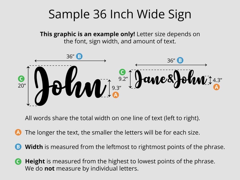 May include: Diagram showing how to measure the width and height of a custom sign. The sign is 36 inches wide and the text "John" is 20 inches tall. The sign with the text "Jane & John" is 9.2 inches tall and 36 inches wide.