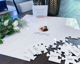 Acrylic Puzzle Wedding Guestbook with Photo - floral circle design jigsaw alternative guestbook puzzle guest book unique mr and mrs