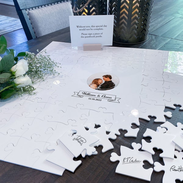 Acrylic Puzzle Wedding Guestbook with Photo - floral circle design jigsaw alternative guestbook puzzle guest book unique mr and mrs