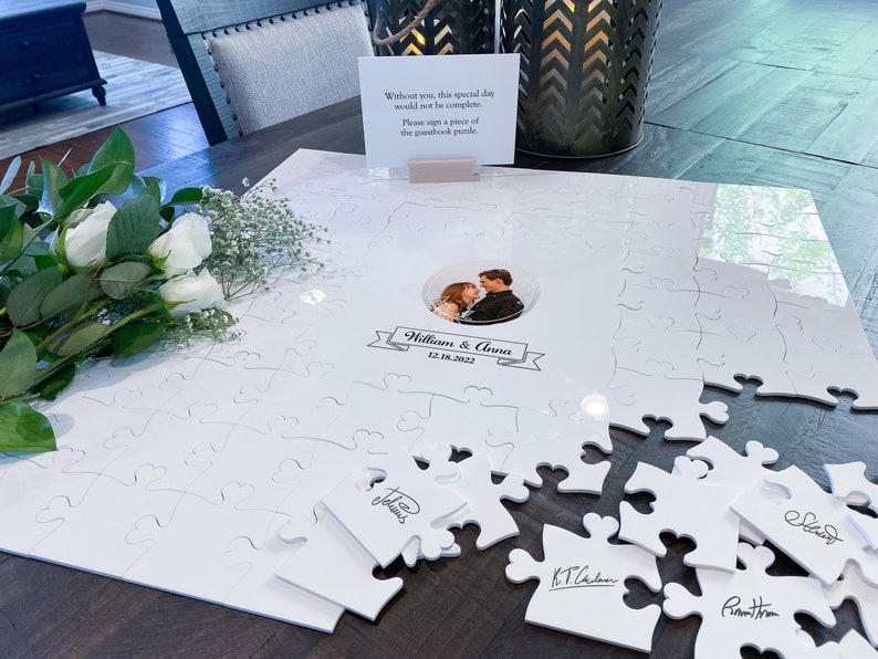 Acrylic Puzzle Wedding Guestbook with Photo floral circle design jigsaw alternative guestbook puzzle guest book unique mr and mrs image 1