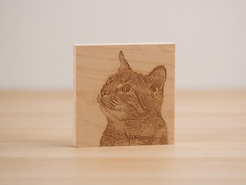 May include: A close-up of a wooden plaque with a laser-engraved image of a cat looking up. The cat is brown and has a white patch on its chest.