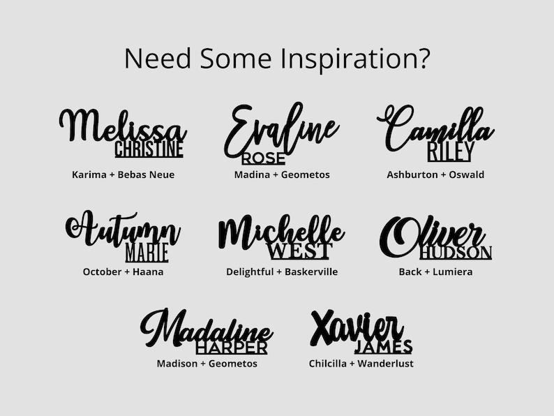 May include: A digital image showcasing nine different name designs with various fonts and styles. Each design includes a first and last name, with the font names listed below. The names are: Melissa Christine, Evaline Rose, Camilla Riley, Autumn Marie, Michelle West, Oliver Hudson, Madaline Harper, and Xavier James.