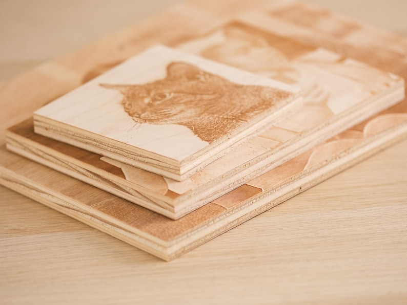 May include: Three wooden plaques stacked on top of each other. The top plaque has a laser-engraved image of a cat's head. The plaques are made of light brown wood.