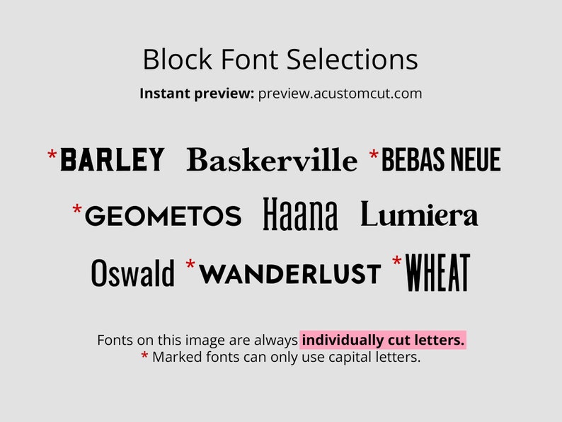May include: A light gray graphic displays font selections, including "BARLEY," "Baskerville," and "BEBAS NEUE." Text states fonts are individually cut letters. Marked fonts use capital letters. The website preview.acustomcut.com is also shown.