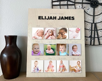 One Year of Baby Name Wood Photo Board, 3d acrylic lettering - First Birthday, Milestones Sign, Monthly Photos, 12 Months, First Year Sign