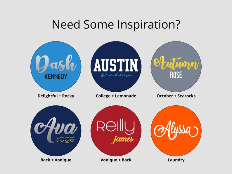 May include: A collage of nine colorful circles with names and text. The circles are arranged in a 3x3 grid. The names include Dash Kennedy, Austin Bradley, Autumn Rose, Ava Sage, Reilly James, and Alyssa. The text below the circles includes descriptions like "Delightful + Rocky", "College + Lemonade", "October + Searocks", "Back + Vonique", "Vonique + Back", and "Laundry".