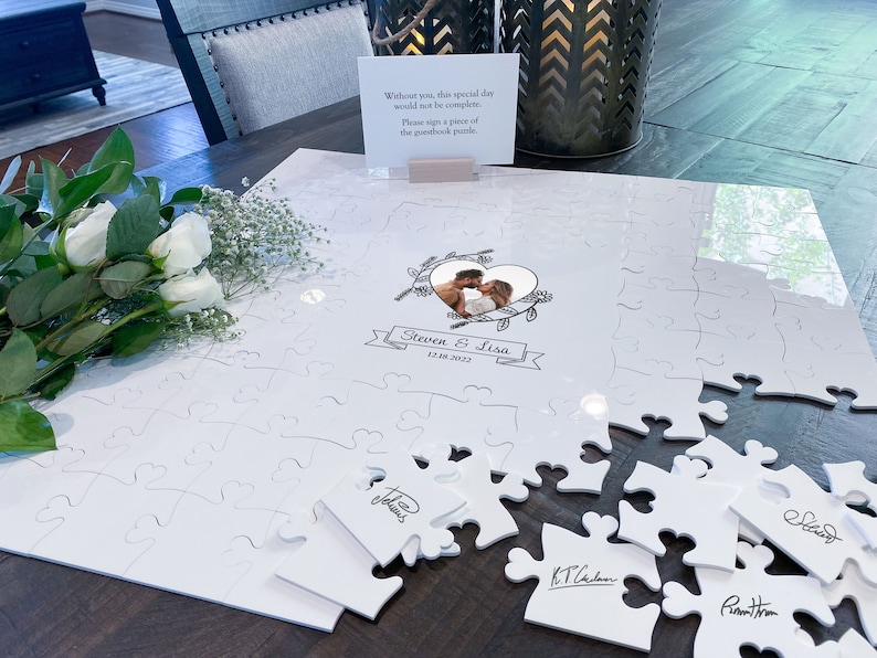 Acrylic Puzzle Wedding Guestbook with Photo floral circle design jigsaw alternative guestbook puzzle guest book unique mr and mrs image 8