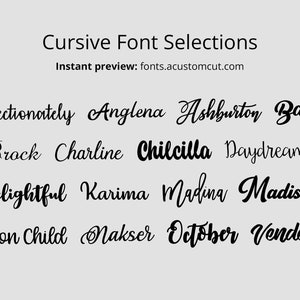 May include: A collection of cursive font names in black text on a light gray background. The font names include Affectionately, Anglena, Ashburton, Back, Brock, Charline, Chilcilla, Daydreamer, Delightful, Karima, Madina, Madison, Moon Child, Nakser, October, and Vendetta.