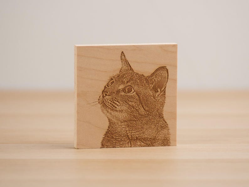 May include: A close-up of a wooden plaque with a laser-engraved image of a cat looking up.