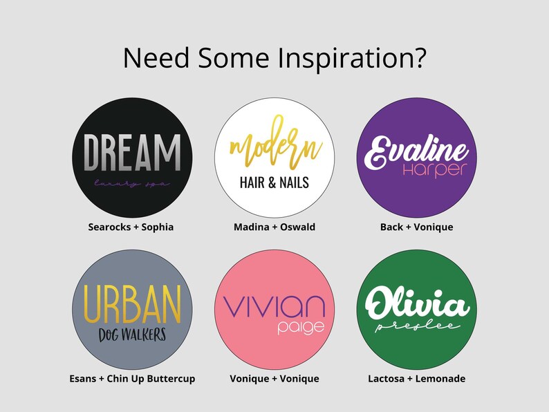 May include: A collage of six colorful circles with text inside. Each circle has a different color and design. The text inside the circles includes the words "DREAM", "Modern", "Evaline Harper", "URBAN DOG WALKERS", "Vivian Paige", and "Olivia preslee".