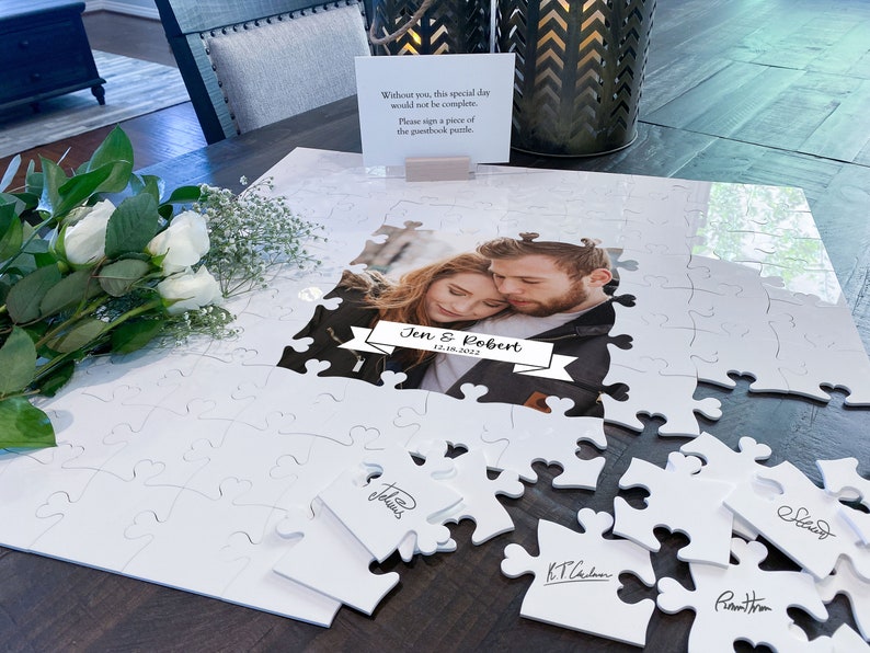 Acrylic Puzzle Wedding Guestbook with Photo floral circle design jigsaw alternative guestbook puzzle guest book unique mr and mrs image 4