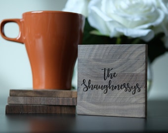 Family Name Engraved Coasters (set of 4) - black walnut wood coasters engraved coasters personalized wedding gift personalized housewarming