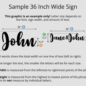 May include: A sample sign graphic with the text "John" and "Jane&John" in a cursive font. The sign is 36 inches wide. The text "Sample 36 Inch Wide Sign" is at the top. The graphic is an example only.