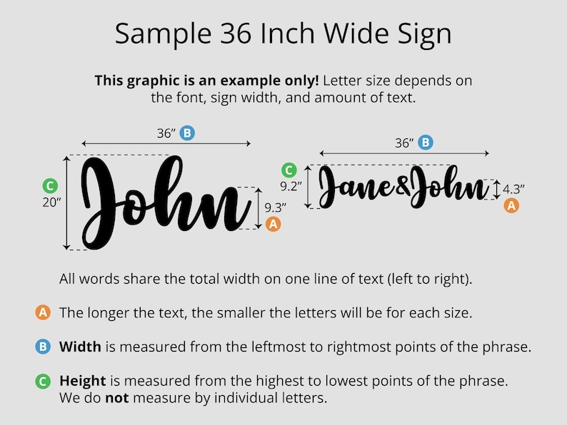 May include: A sample sign graphic with the text "John" and "Jane&John" in a cursive font. The sign is 36 inches wide. The text "Sample 36 Inch Wide Sign" is at the top. The graphic is an example only.