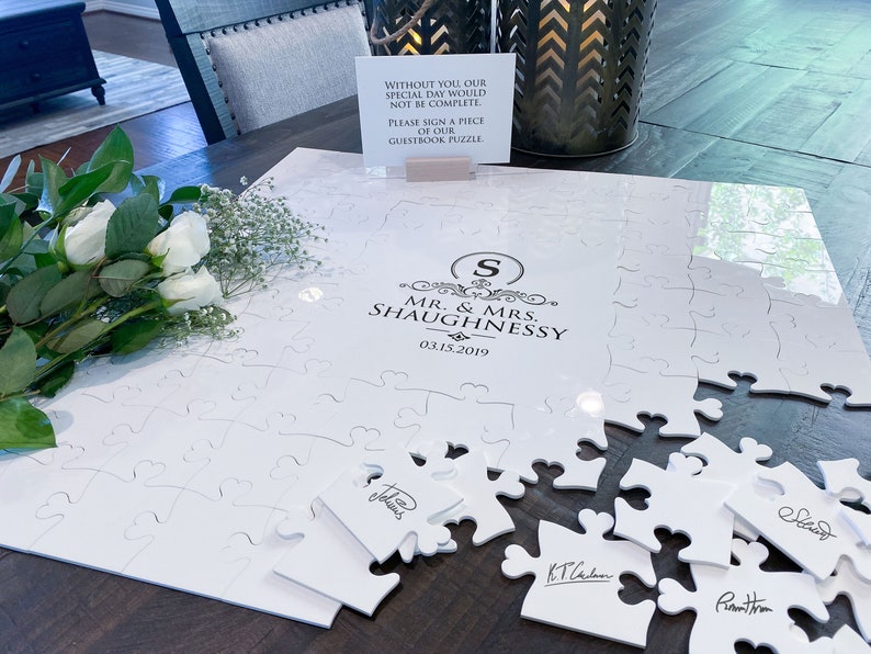 Acrylic Puzzle Guestbook, Personalized Printed Last Name jigsaw alternative guestbook puzzle wedding guest book unique mr and mrs image 1