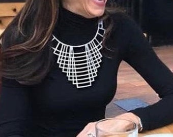 silver geometric statement necklace , bib leather necklace , modern long necklace ,