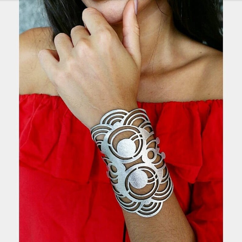 Silver Wide Leather Cuff Bracelet for Women / Boho Silver Etsy