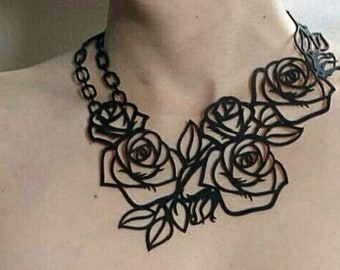 rose flower necklace , rose bib necklace for women , vegan leather jewelry gift