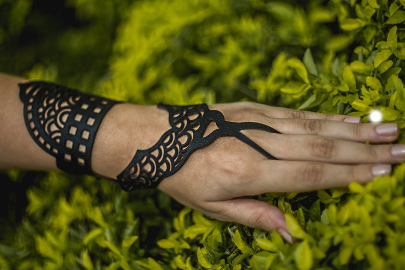 Womens Finger Wrist Bracelet Black Vegan Leather Bracelets Etsy