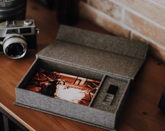 Custom grey linen photo boxes and 3.0 fast USB flash drives