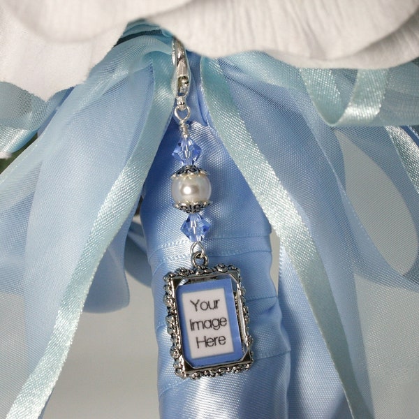 Wedding Bouquet Charm, Memory Charm, Something Blue, Photo Charm, Gift for the Bride, Bridal Accessory, Clear Crystal, Pearl, Keepsake