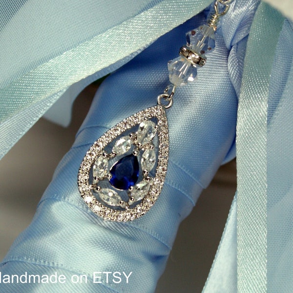 Wedding Bouquet Charm, Something Blue, Petite Wedding Teardrop Charm, Gift for Bride, Crystal Bridal Bling, Sapphire, Ceremony Keepsake, CZ