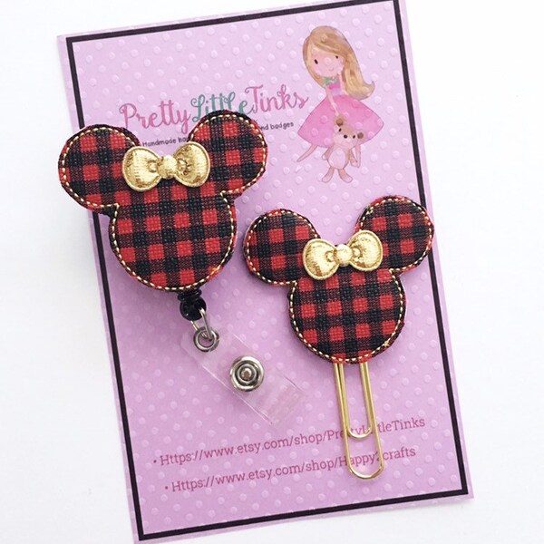 Carrete de insignia roja a cuadros del ratón, carrete de insignia intercambiable, clip de planificador