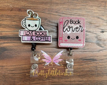 Book Lover Badge Reel, School Badge Reel, I love books and coffee Badge Reel, Interchangeable Badge Reel, Books Planner Clip