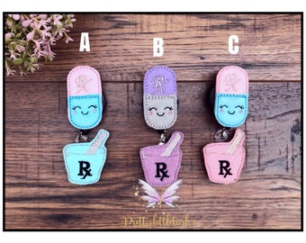 Pill and Mortar Badge Reel, Pharmacy Badge Reel, Pharmacist Badge Reel, Feltie Combo badge reel
