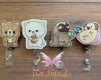 Animals drinking tea  Badge Reel, Interchangeable Badge Reel, Badge reel, Animals drinking Planner Clip
