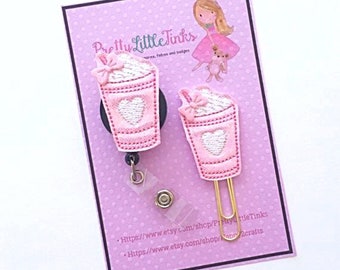 Glitter Heart Frappe Badge Reel, ID Badge Reel, Interchangeable Badge Reel, Valentines Badge Reel, drink Feltie