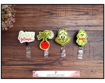 Inspired Grinch Badge Reel, Christmas Badge Reel, Planner clip, Interchangeable Feltie, Interchangeable Badge Reel