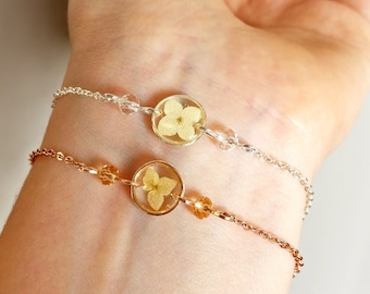 Hydrangea pressed flower bracelet, Cute dainty bracelet, Sterling silver or gold, Perfect gift for her birthday