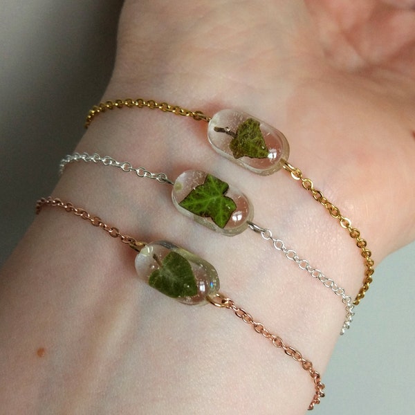 Ivy bracelet, Small pressed flower bracelet, Gold or sterling silver