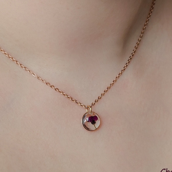 Tiny violet necklace, 10mm Dainty pressed flower jewelry, Gold or sterling silver