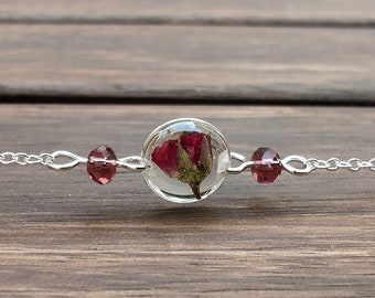 Real rose bracelet, June birthday gift for her, Birth flower bracelet, Handmade dainty bracelet, Gold or sterling silver