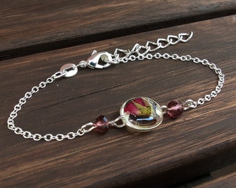 Pressed rose flower bracelet, Small dainty bracelet, Gold or sterling silver, Romantic gift for her